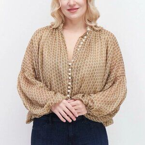 Kourt Printed Boho Blouse Gold Beige Metallic Button Front XS Worn Once